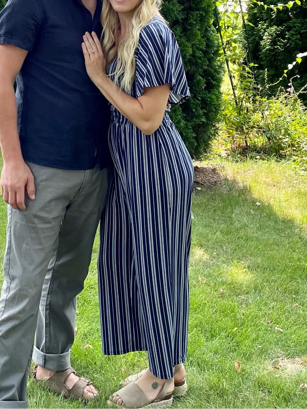 Express Navy and White Vertical-Stripe Jumpsuit